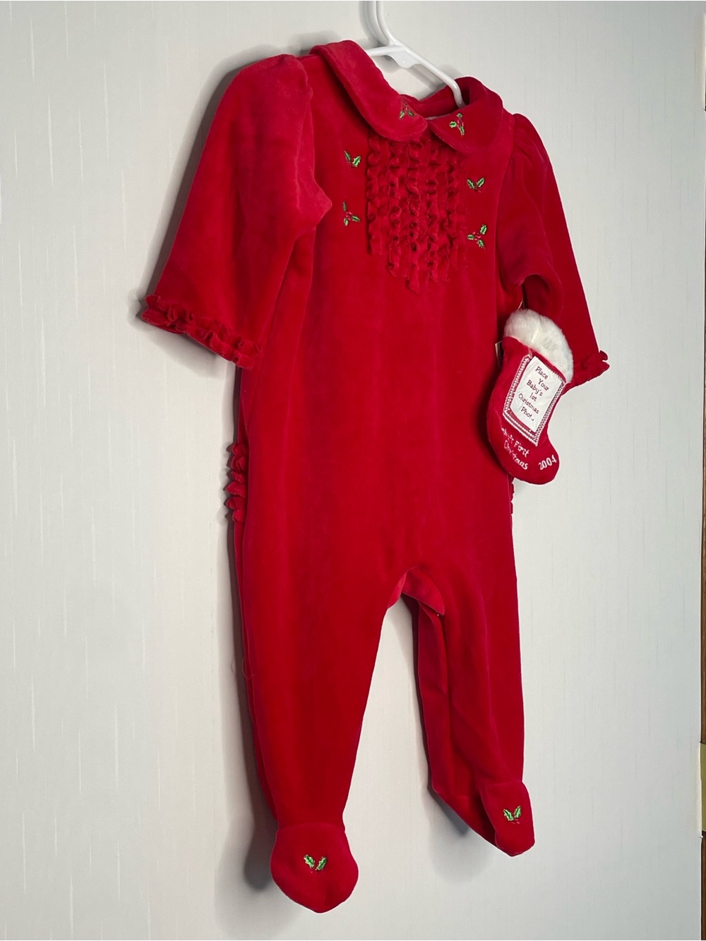 VTG Bright Future Red Velour Christmas Footie Romper 6-9M - Picture 2 of 16